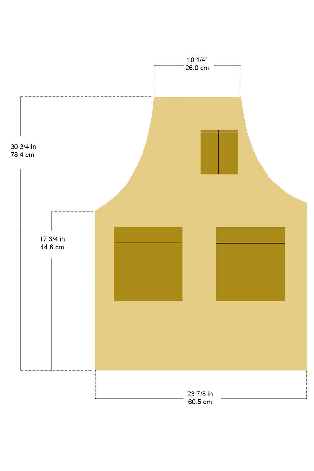 Beige apron with gold pockets and measurements on a white background