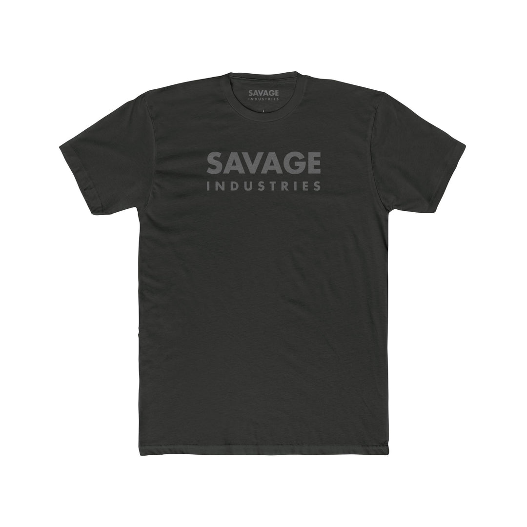 A black short-sleeved t-shirt with 'SAVAGE INDUSTRIES' text in capital letters placed centrally on the chest area.